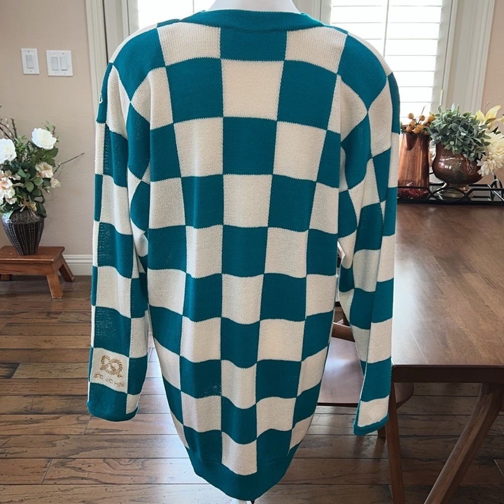 Vintage St John Nautical Sweater Gold Embroidered Anchor Checkered Knit USA L - Picture 4 of 14